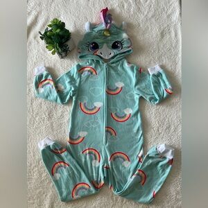 SOLD. A kids' unicorn rainbow hooded onesie by Cat & Jack, size XS 4/5.